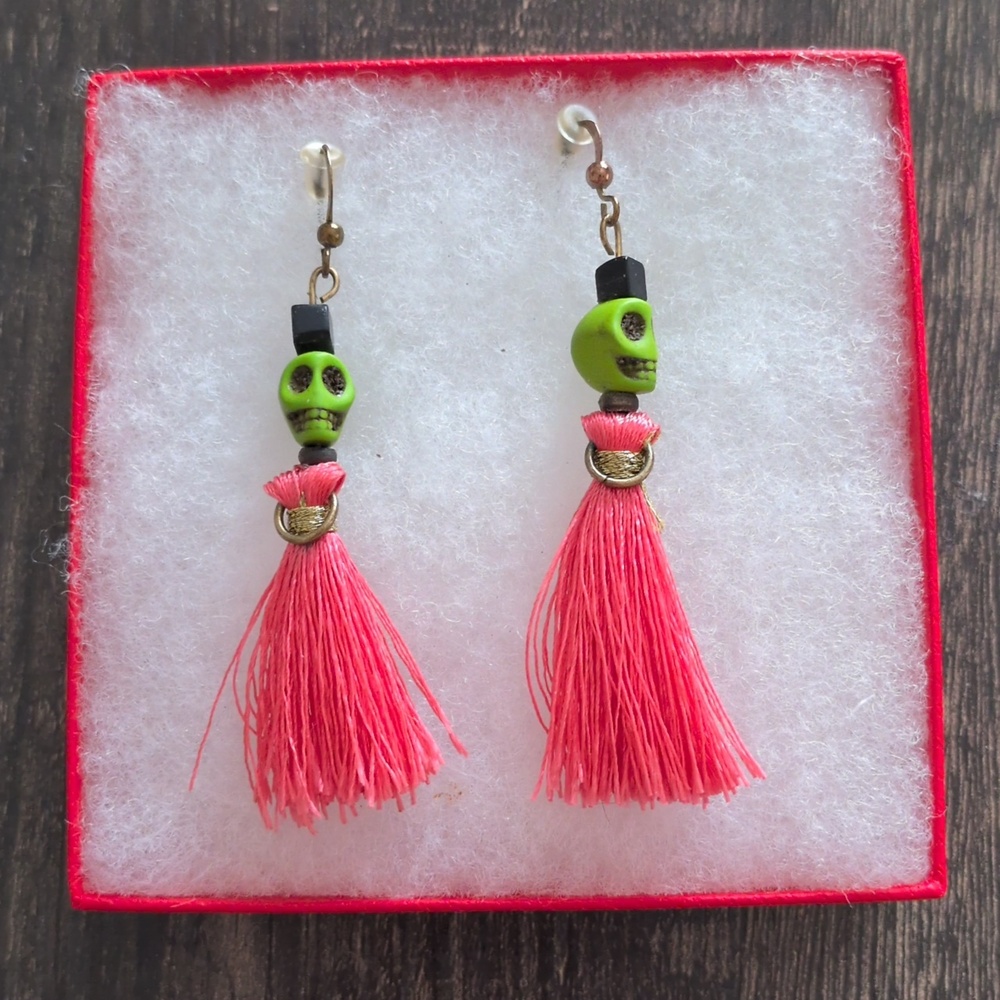 Green Skull Voodo Tassel Earrings